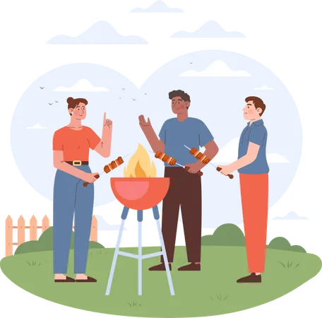 Amis appréciant la fête barbecue  Illustration