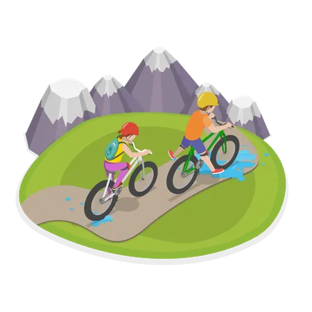 Des amis font du vélo en montagne  Illustration