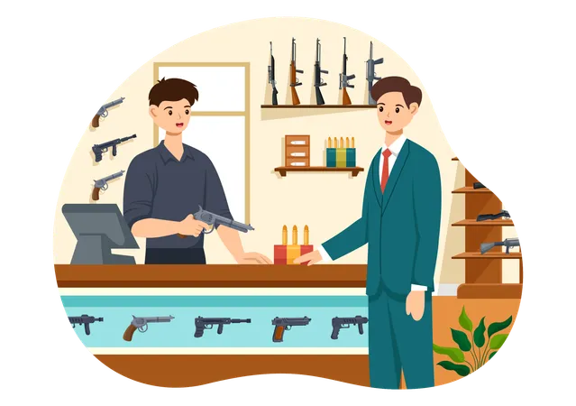 Gun Shop Or Hunting Vector Illustration Featuring A Rifle Bullet Weapon And Hunting Equipment In A Flat Style Cartoon Background Design Illustration