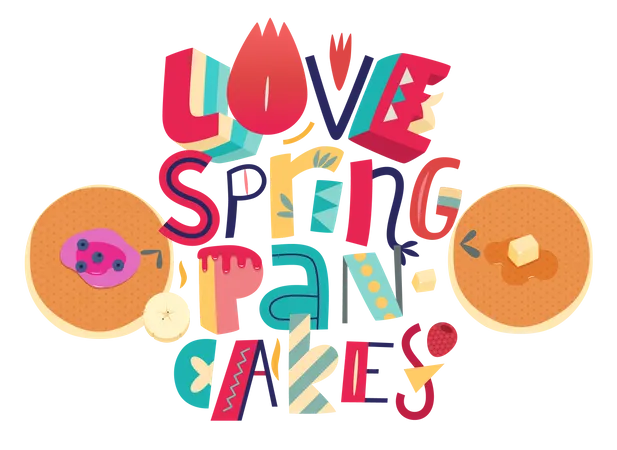Composicao De Letras Love Spring Pancakes E Duas Panquecas No Fundo Branco Ilustração
