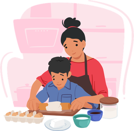 Personagens da família amorosa mãe e seu filho compartilham um momento delicioso na cozinha  Ilustração