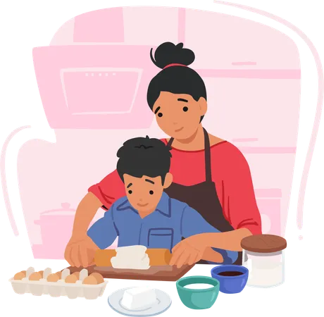 Personagens da família amorosa mãe e seu filho compartilham um momento delicioso na cozinha  Ilustração