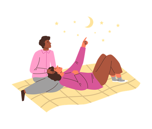 Amorous homosexual couple lying on cover while looking at starry night sky with moon  Illustration