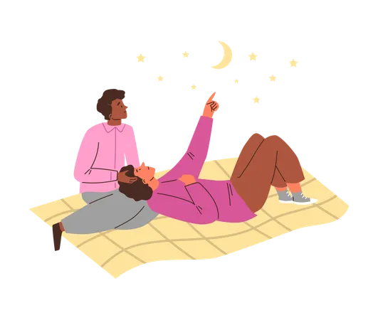 Amorous homosexual couple lying on cover while looking at starry night sky with moon  Illustration