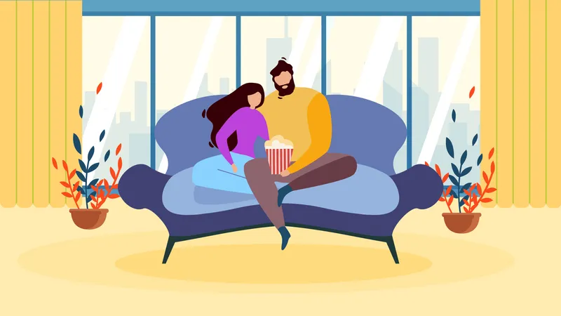 Couple amoureux à la maison, regarder un film  Illustration