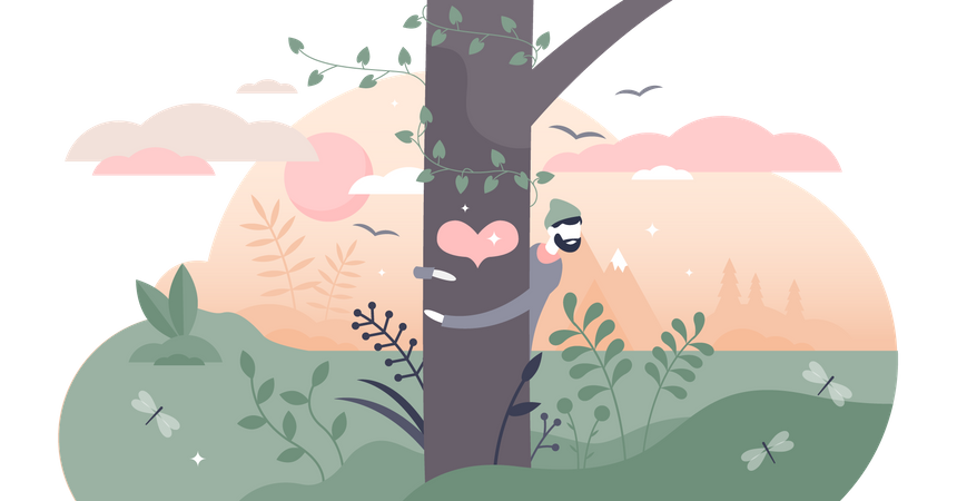 Amoureux de la nature étreignant un arbre  Illustration