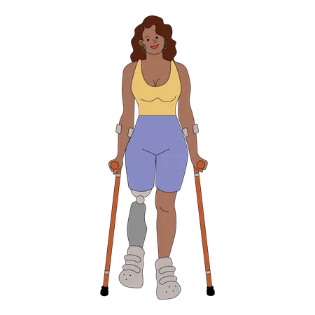 Amputated woman walking with crutches Illustration