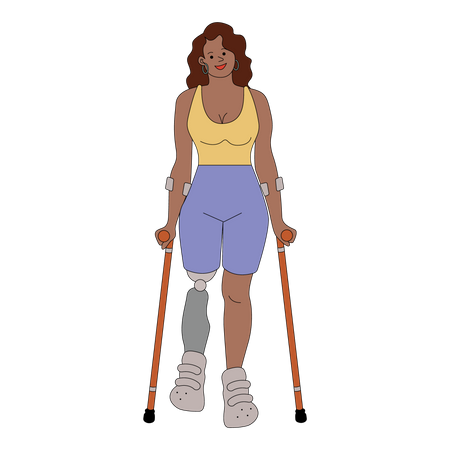 Amputated woman walking with crutches  Illustration