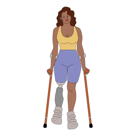 Amputated woman walking with crutches  Illustration