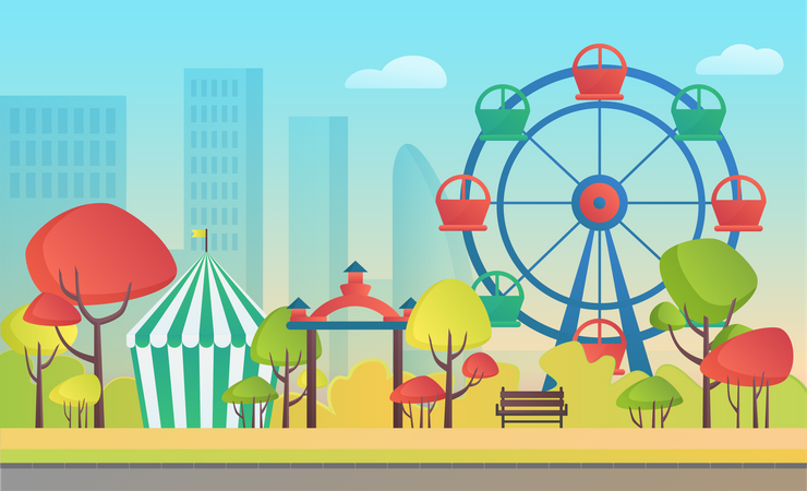 Amusement park at city park  Illustration