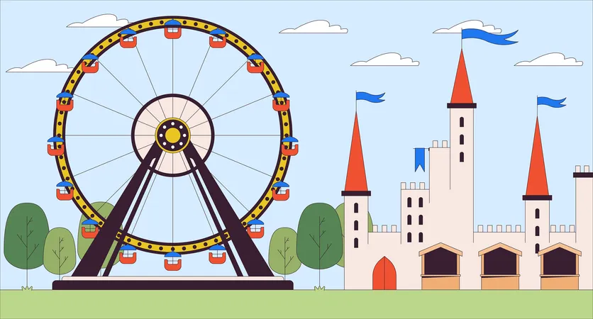 Amusement Park Attractions Cartoon Flat Illustration Ferris Wheel And Fairy Tale Castle 2 D Line Landscape Colorful Background Theme Park For Children And Adults Scene Vector Storytelling Image Illustration