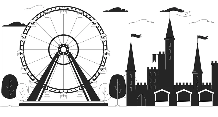 Amusement Park Attractions Black And White Line Illustration Ferris Wheel And Fairy Tale Castle 2 D Landscape Monochrome Background Theme Park For Children And Adults Outline Scene Vector Image Illustration