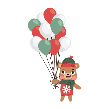 冬の衣装を着た愛らしいクマがカラフルなクリスマス風船を持っています  イラスト