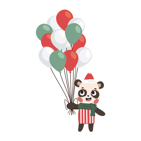 冬の衣装を着た愛らしいクマがカラフルなクリスマス風船を持っています  イラスト