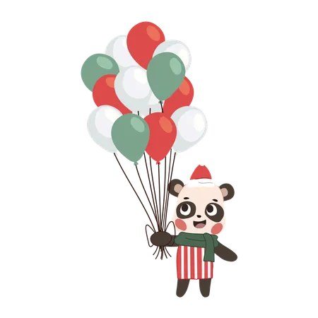 冬の衣装を着た愛らしいクマがカラフルなクリスマス風船を持っています  イラスト