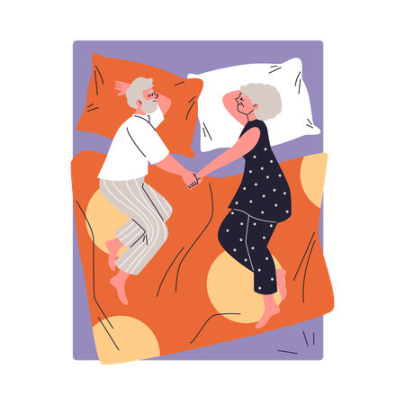 An elderly couple holding hands while sleeping  Illustration