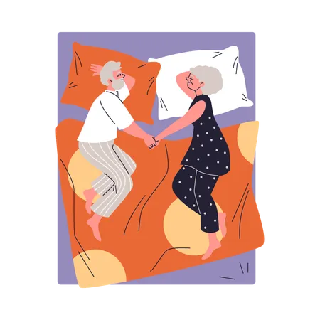 An elderly couple holding hands while sleeping  Illustration