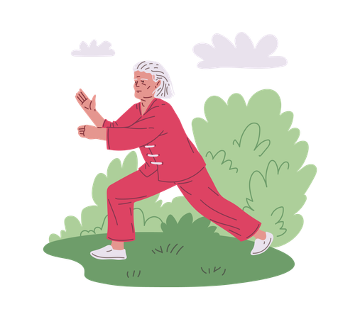 An elderly grandmother in kimono takes tai chi poses in park  Illustration