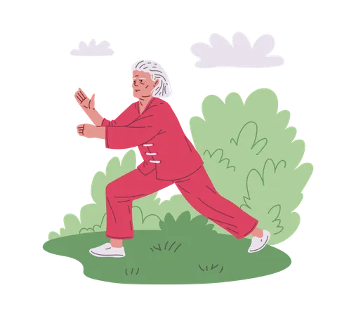 An elderly grandmother in kimono takes tai chi poses in park  Illustration