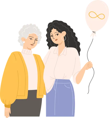 An elderly woman and a young woman are hugging and holding a balloon with a golden infinity symbol for Autism Awareness Day  Illustration