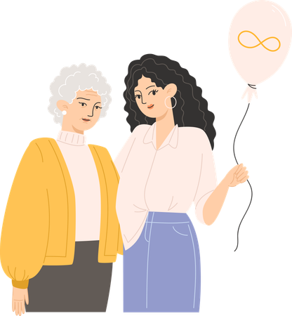 An elderly woman and a young woman are hugging and holding a balloon with a golden infinity symbol for Autism Awareness Day  イラスト