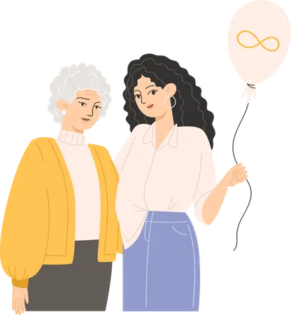 An elderly woman and a young woman are hugging and holding a balloon with a golden infinity symbol for Autism Awareness Day  イラスト