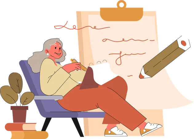 An elderly woman writing a letter on a letter pad  Illustration