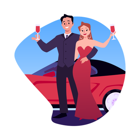 An elegant rich couple with wineglass near an expensive red sports car  Illustration