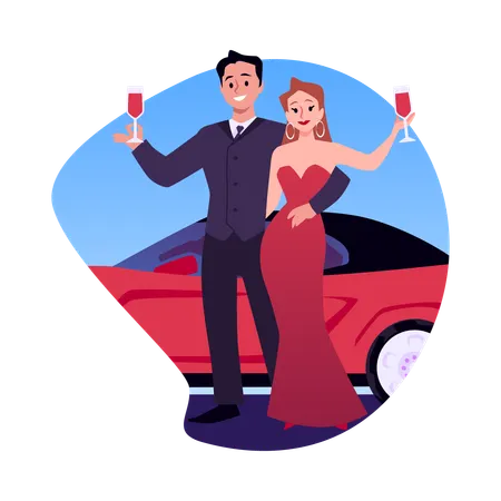 An elegant rich couple with wineglass near an expensive red sports car  Illustration