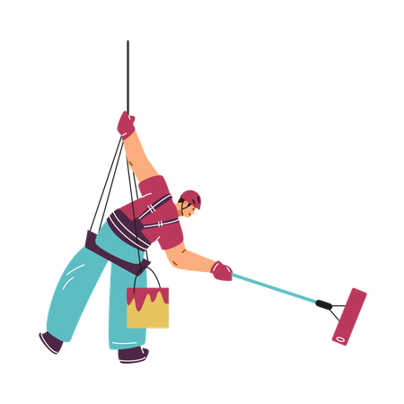 An enthusiastic floor climber in uniform paints with a roller while hanging on a safety rope  Illustration