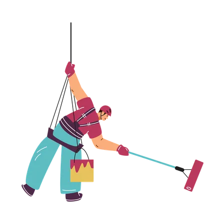 An enthusiastic floor climber in uniform paints with a roller while hanging on a safety rope  Illustration