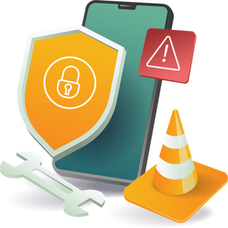 An image of a phone with a shield, traffic cone, and wrench  Illustration