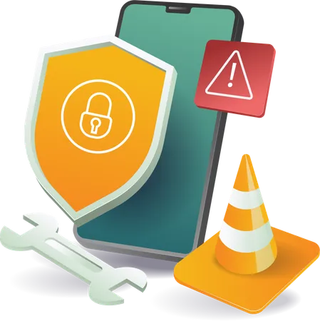 An image of a phone with a shield, traffic cone, and wrench  Illustration