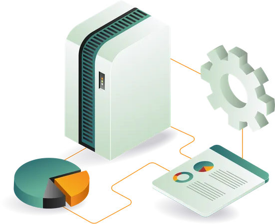 파이 차트와 그래프를 표시하는 서버 이미지  일러스트레이션