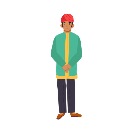An indian man in  green kurta with yellow trim red turban and brown shoes wearing traditional attire  Illustration