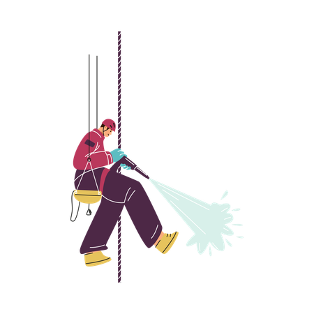 An industrial climber hangs on a safety rope, washing away dirt with water  Illustration