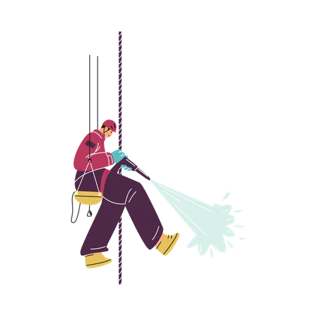 An industrial climber hangs on a safety rope, washing away dirt with water  Illustration