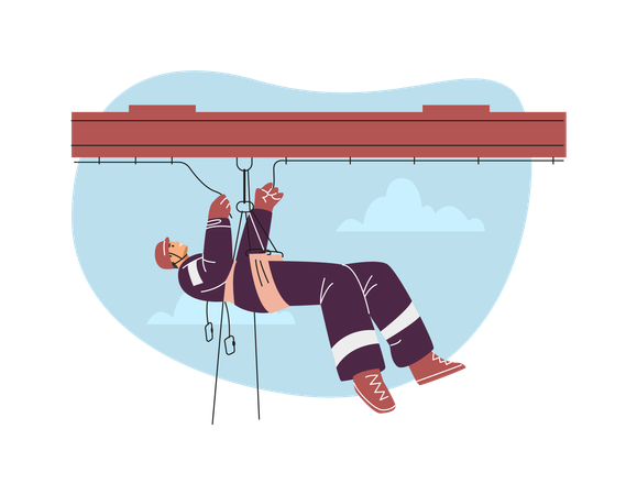 An industrial climber in uniform hangs on a safety rope and does repair work  Illustration