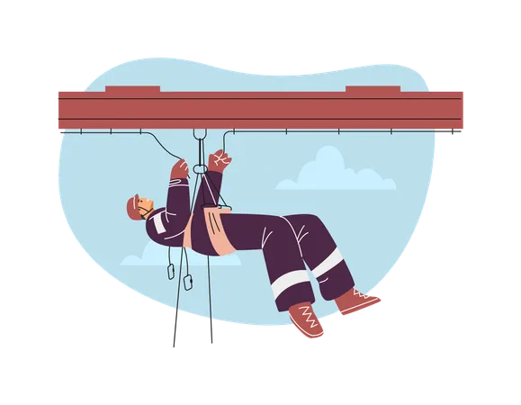 An industrial climber in uniform hangs on a safety rope and does repair work  Illustration