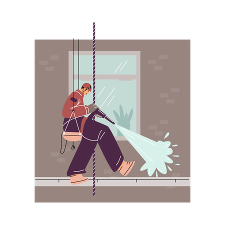 An industrial climber on a safety rope using a hose washes away dirt from the wall of a building  Illustration