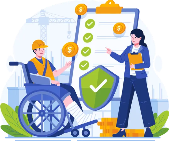 Worker Insurance Concept Illustration An Injured Worker In A Wheelchair Gets An Insurance Coverage Explanation From A Female Insurance Agent Illustration