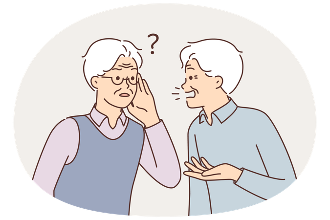 補聴器が壊れて困っている聴覚障害のある友人と話す老人  イラスト