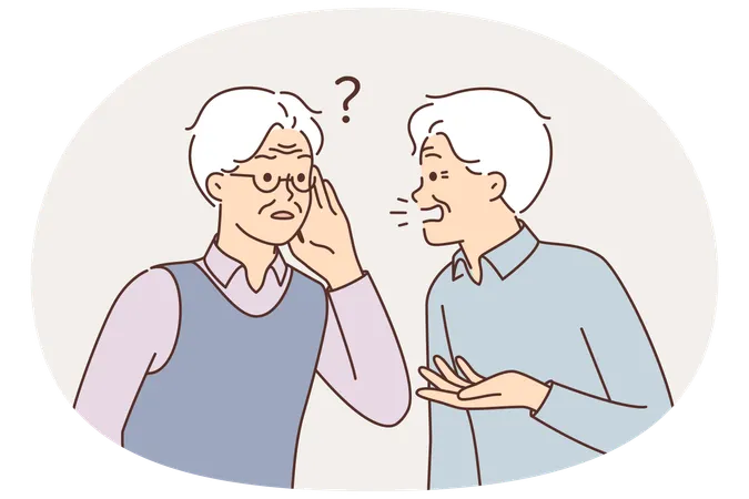 補聴器が壊れて困っている聴覚障害のある友人と話す老人  イラスト
