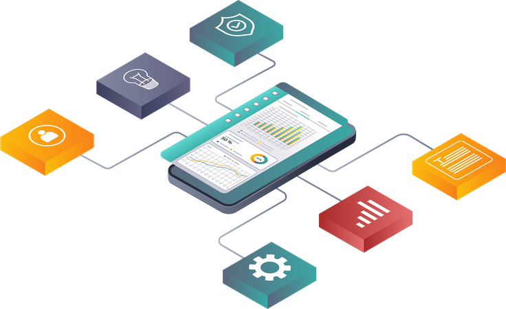 Analisando estratégias de rede de negócios com aplicativos de tecnologia para smartphones  Ilustração