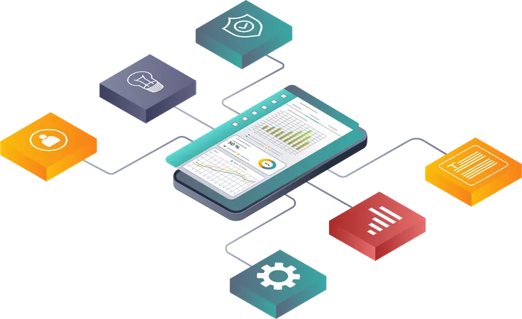 Analisando estratégias de rede de negócios com aplicativos de tecnologia para smartphones  Ilustração