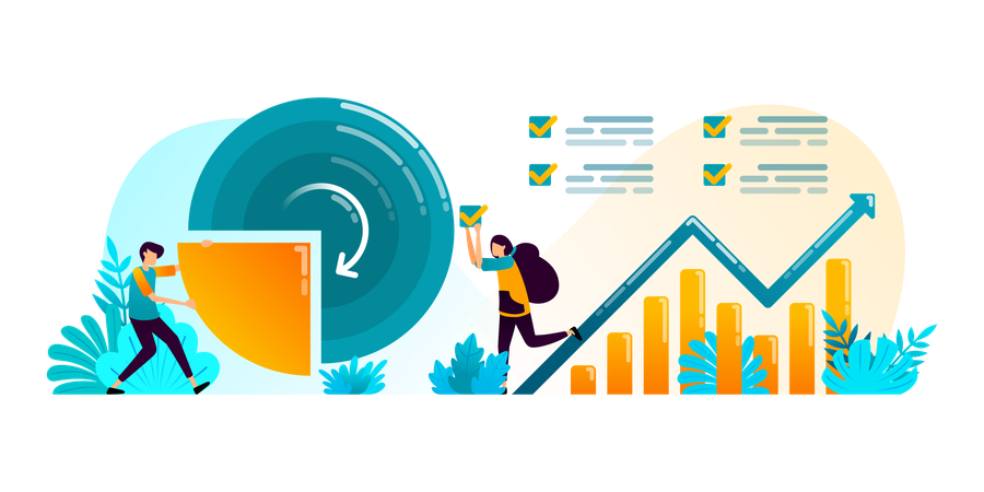 Analisar estatísticas de dados comerciais no gráfico financeiro da empresa e planejar estratégias por meio de brainstorming com trabalho em equipe  Ilustração