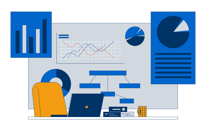 Análise corporativa do espaço de trabalho do laptop  Ilustração