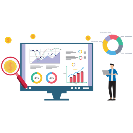 Análise de dados na tela do computador com gráficos de crescimento financeiro  Ilustração