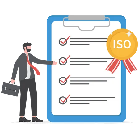 Sistema ISO E Conceito De Certificacao Internacional Analise De Empresarios Com Ilustrador Vetorial De Controle De Qualidade Padrao Aprovado Ilustração