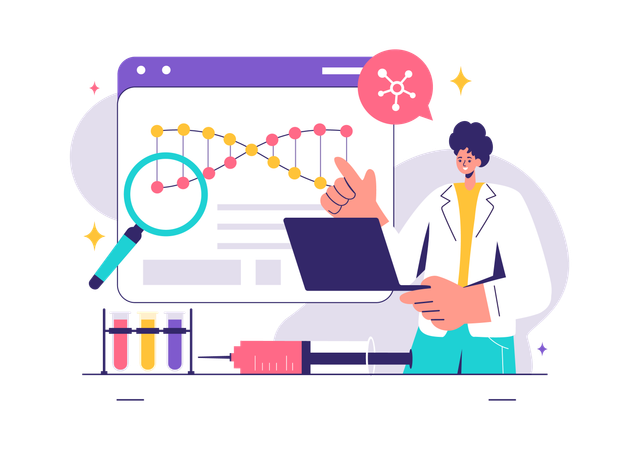 Análise de Engenharia Genética realizada por cientista  Ilustração
